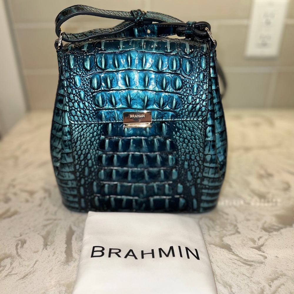 Brahmin Margo VERDIGRIS Peacock Croc Embossed Leather Crossbody Bag EEUC